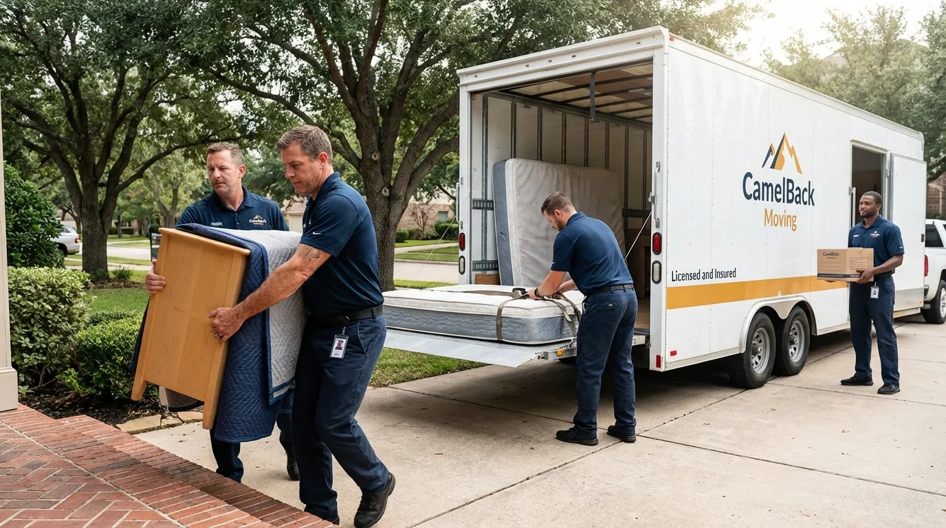 Crew loading residential truck for cross-state move from Reading, MA