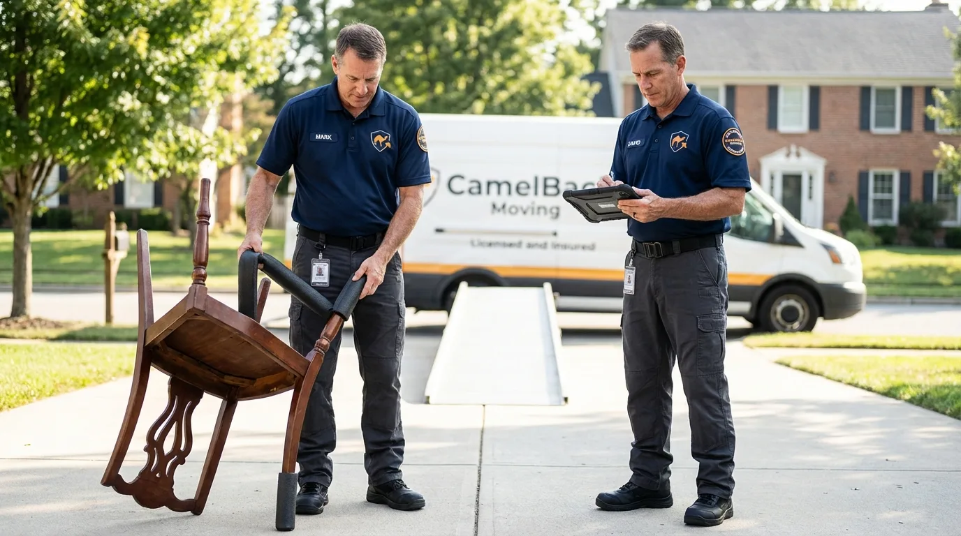 Movers inspecting furniture for damage prevention before loading in Reading, MA