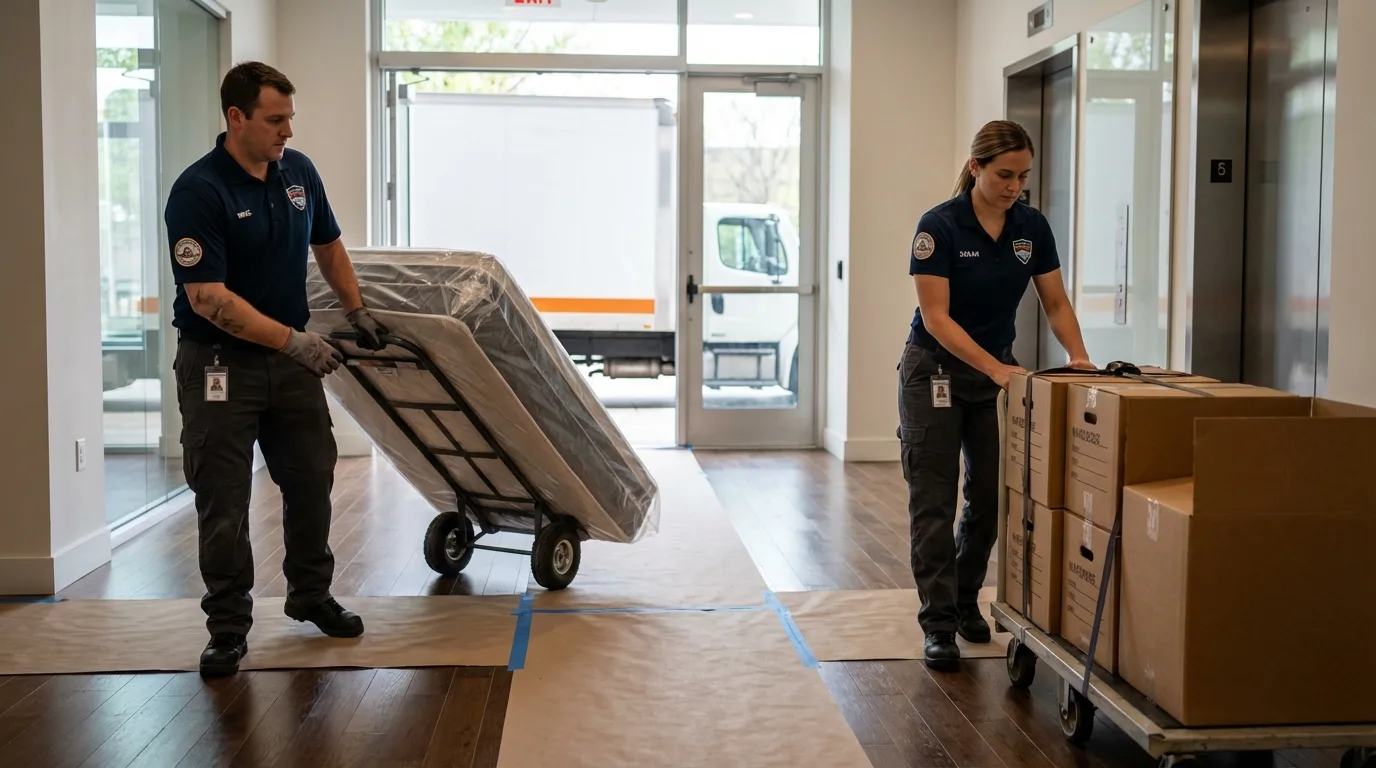 Professional apartment movers loading elevator in Reading, MA